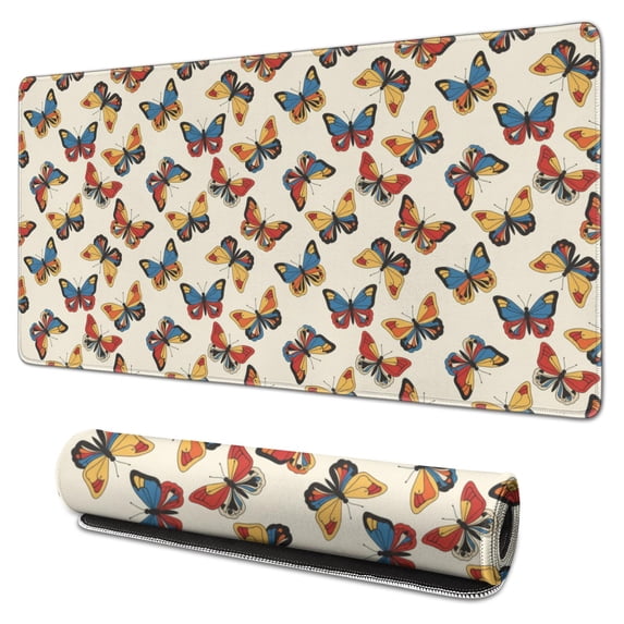 31.5x15.7 Inch Gaming Mouse Pad, Non-Slip Stitched Rubber Desk Mat for Desktop & Laptop,Butterfly Retro Color Block Beige Pattern