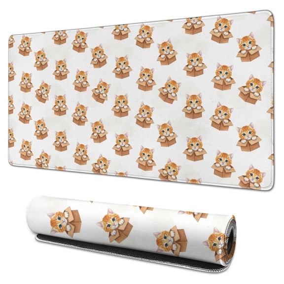 31.5x15.7 Inch Gaming Mouse Pad, Non-Slip Stitched Rubber Desk Mat for Desktop & Laptop,Cat Box Orange White Pattern