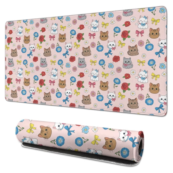 31.5x15.7 Inch Gaming Mouse Pad, Non-Slip Stitched Rubber Desk Mat for Desktop & Laptop,Cat Floral Bow Pink Pattern