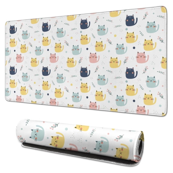 31.5x15.7 Inch Gaming Mouse Pad, Non-Slip Stitched Rubber Desk Mat for Desktop & Laptop,Cat Floral Colorful White Pattern