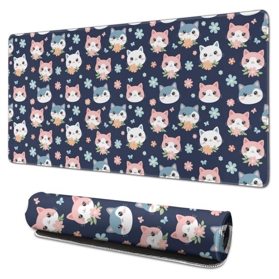 31.5x15.7 Inch Gaming Mouse Pad, Non-Slip Stitched Rubber Desk Mat for Desktop & Laptop,Cat Floral Face Dark Blue Pattern