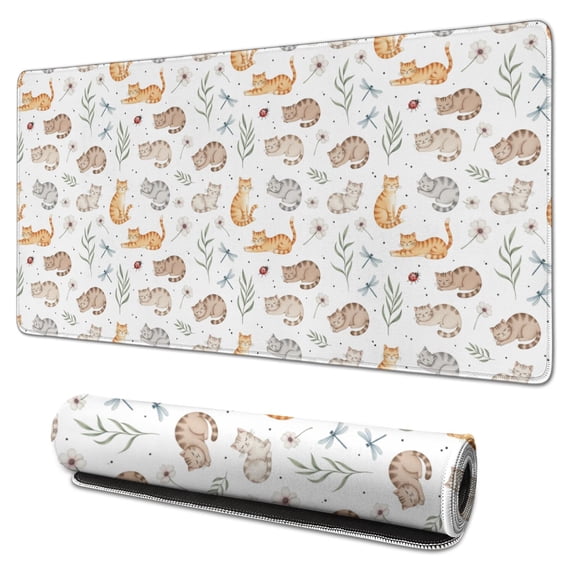 31.5x15.7 Inch Gaming Mouse Pad, Non-Slip Stitched Rubber Desk Mat for Desktop & Laptop,Cat Floral Insect White Pattern