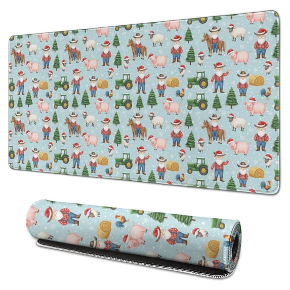 31.5x15.7 Inch Gaming Mouse Pad, Non-Slip Stitched Rubber Desk Mat for Desktop & Laptop,Christmas Farm Santa Animal Blue Pattern