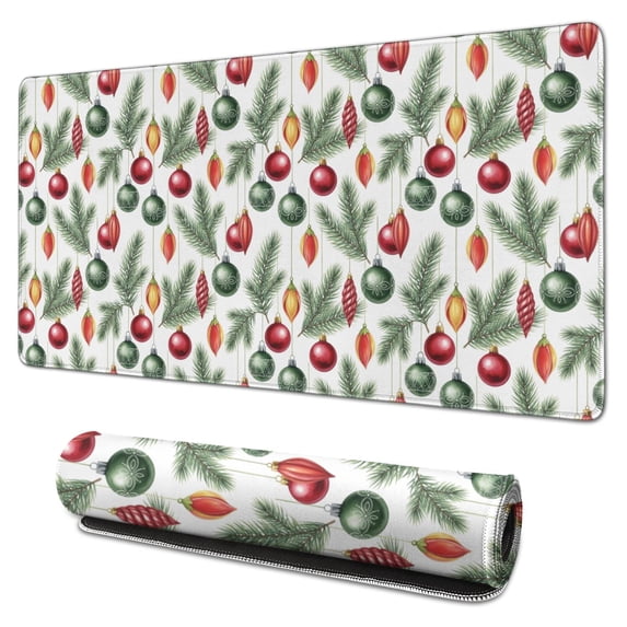 31.5x15.7 Inch Gaming Mouse Pad, Non-Slip Stitched Rubber Desk Mat for Desktop & Laptop,Christmas Ornament Pine Branch White Pattern