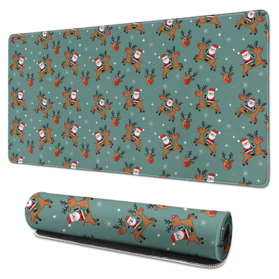 31.5x15.7 Inch Gaming Mouse Pad, Non-Slip Stitched Rubber Desk Mat for Desktop & Laptop,Christmas Santa Reindeer Teal Pattern