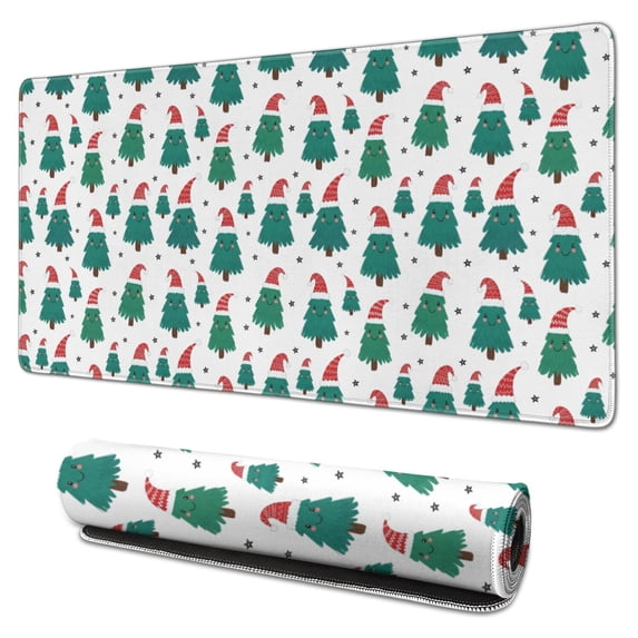 31.5x15.7 Inch Gaming Mouse Pad, Non-Slip Stitched Rubber Desk Mat for Desktop & Laptop,Christmas Tree Santa Hat White Pattern