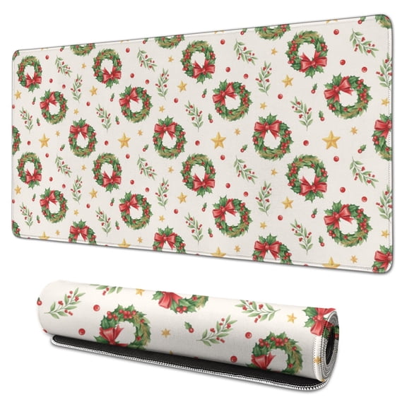 31.5x15.7 Inch Gaming Mouse Pad, Non-Slip Stitched Rubber Desk Mat for Desktop & Laptop,Christmas Wreath Star Beige Pattern