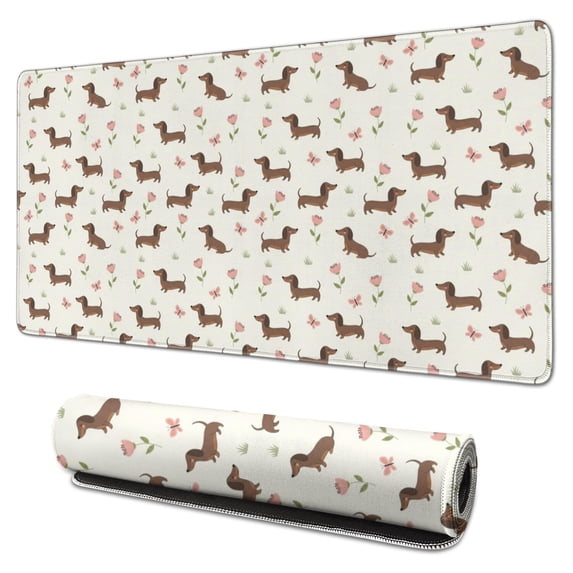 31.5x15.7 Inch Gaming Mouse Pad, Non-Slip Stitched Rubber Desk Mat for Desktop & Laptop,Dachshund Butterfly Floral Beige Pattern