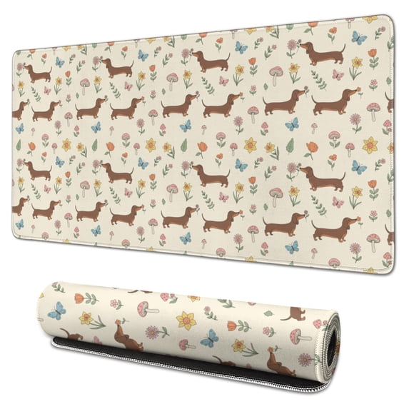 31.5x15.7 Inch Gaming Mouse Pad, Non-Slip Stitched Rubber Desk Mat for Desktop & Laptop,Dachshund Forest Floral Beige Pattern
