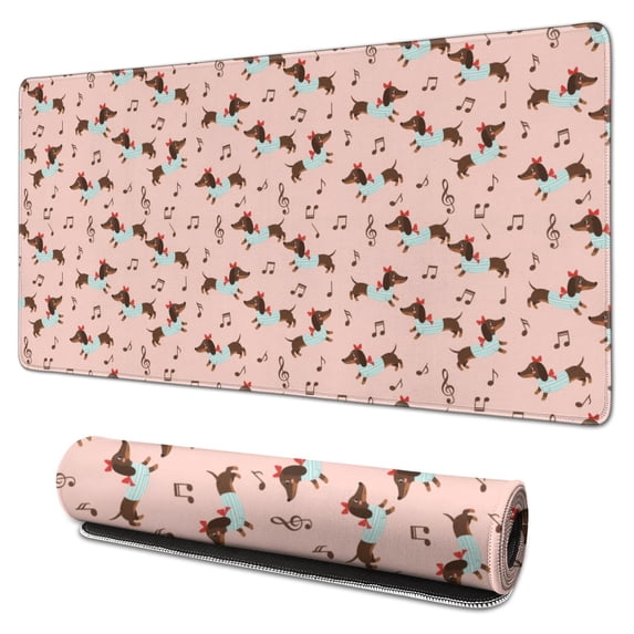 31.5x15.7 Inch Gaming Mouse Pad, Non-Slip Stitched Rubber Desk Mat for Desktop & Laptop,Dachshund Music Note Pink Pattern