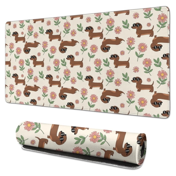 31.5x15.7 Inch Gaming Mouse Pad, Non-Slip Stitched Rubber Desk Mat for Desktop & Laptop,Dachshund Sunglasses Floral Beige Pattern