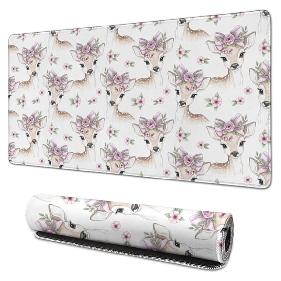 31.5x15.7 Inch Gaming Mouse Pad, Non-Slip Stitched Rubber Desk Mat for Desktop & Laptop,Deer Floral Crown White Pattern