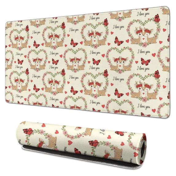 31.5x15.7 Inch Gaming Mouse Pad, Non-Slip Stitched Rubber Desk Mat for Desktop & Laptop,Deer Heart Floral Butterfly Beige Pattern