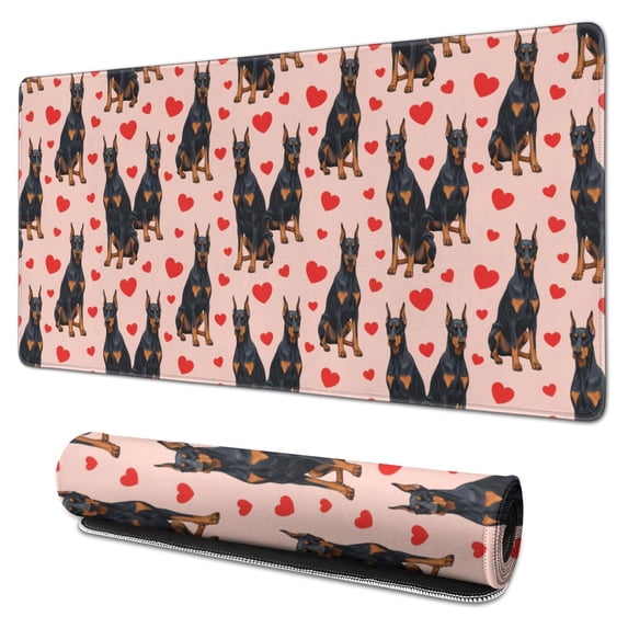 31.5x15.7 Inch Gaming Mouse Pad, Non-Slip Stitched Rubber Desk Mat for Desktop & Laptop,Doberman Heart Pink Pattern