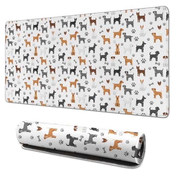 31.5x15.7 Inch Gaming Mouse Pad, Non-Slip Stitched Rubber Desk Mat for Desktop & Laptop,Dog Mixed Breed Bone Gray Pattern
