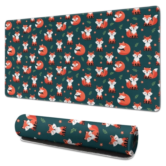 31.5x15.7 Inch Gaming Mouse Pad, Non-Slip Stitched Rubber Desk Mat for Desktop & Laptop,Fox Floral Leaf Dark Green Pattern