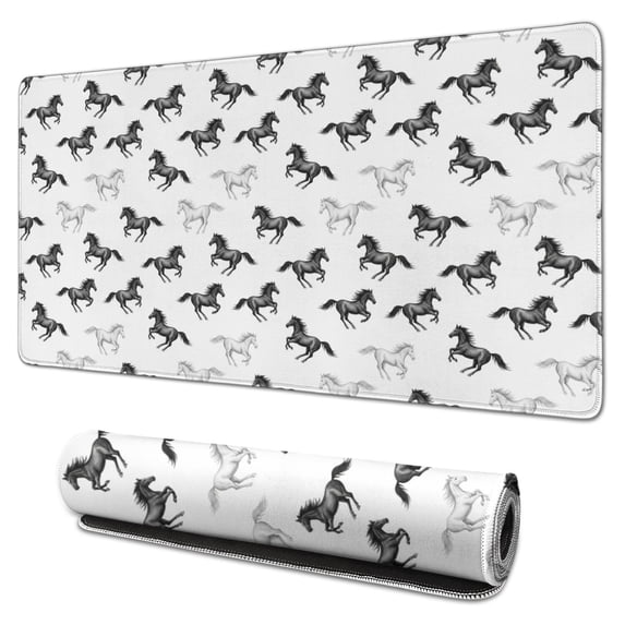 31.5x15.7 Inch Gaming Mouse Pad, Non-Slip Stitched Rubber Desk Mat for Desktop & Laptop,Horse Monochrome Run White Pattern