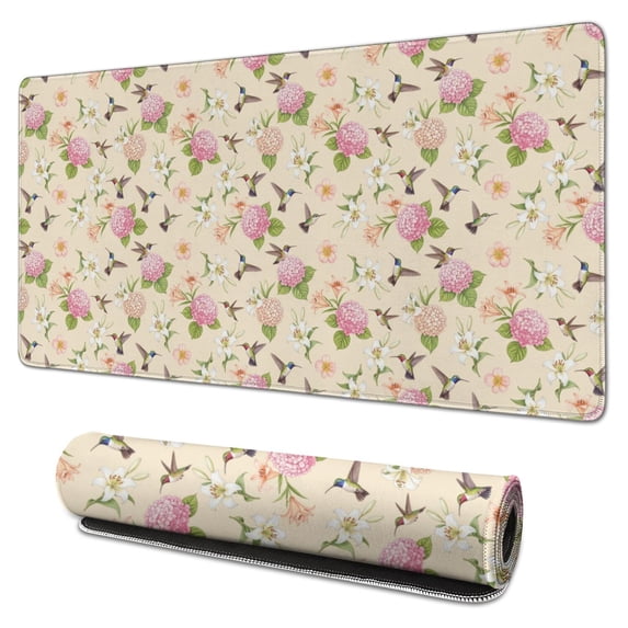31.5x15.7 Inch Gaming Mouse Pad, Non-Slip Stitched Rubber Desk Mat for Desktop & Laptop,Hummingbird Floral Hydrangea Lily Beige Pattern