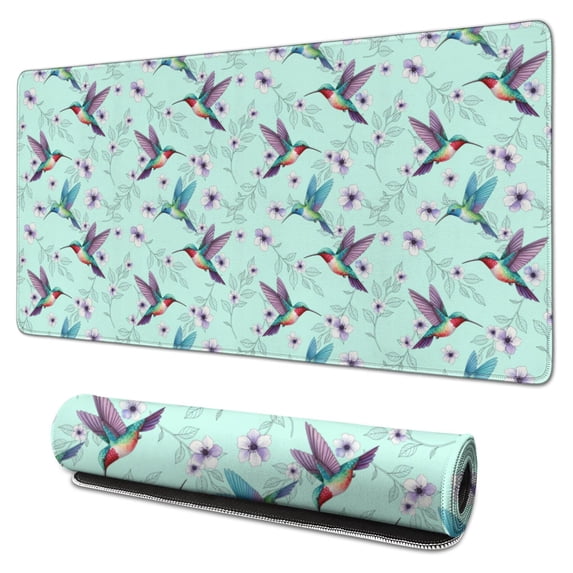 31.5x15.7 Inch Gaming Mouse Pad, Non-Slip Stitched Rubber Desk Mat for Desktop & Laptop,Hummingbird Floral Lavender Light Blue Pattern