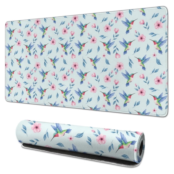 31.5x15.7 Inch Gaming Mouse Pad, Non-Slip Stitched Rubber Desk Mat for Desktop & Laptop,Hummingbird Floral Pink Light Blue Pattern