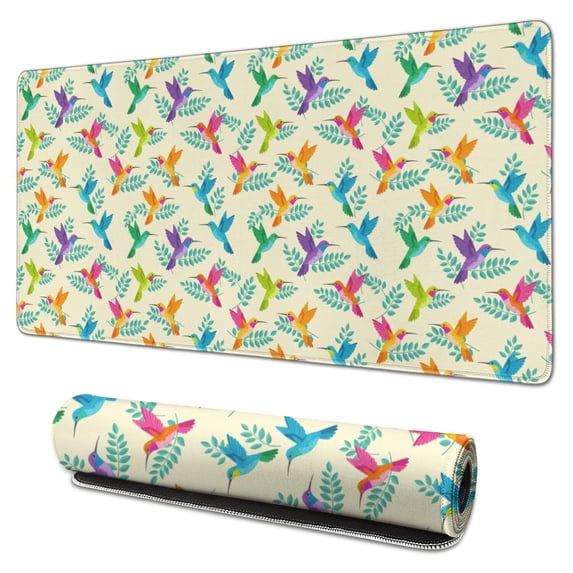 31.5x15.7 Inch Gaming Mouse Pad, Non-Slip Stitched Rubber Desk Mat for Desktop & Laptop,Hummingbird Leaf Colorful Beige Pattern