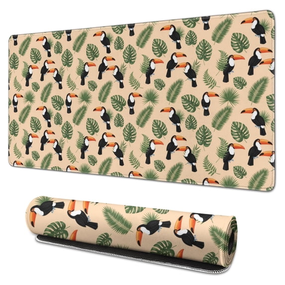 31.5x15.7 Inch Gaming Mouse Pad, Non-Slip Stitched Rubber Desk Mat for Desktop & Laptop,Hummingbird Tropical Toucan Beige Pattern