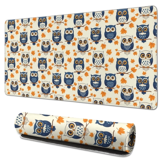 31.5x15.7 Inch Gaming Mouse Pad, Non-Slip Stitched Rubber Desk Mat for Desktop & Laptop,Owl Autumn Leaf Beige Distinct Pattern