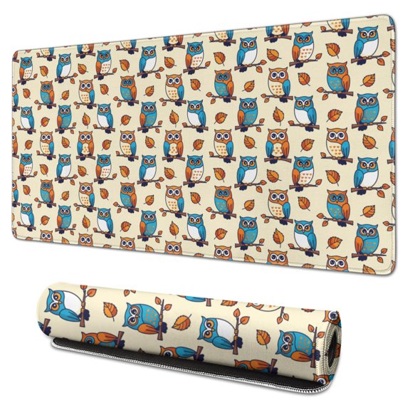 31.5x15.7 Inch Gaming Mouse Pad, Non-Slip Stitched Rubber Desk Mat for Desktop & Laptop,Owl Autumn Leaf Beige Pattern