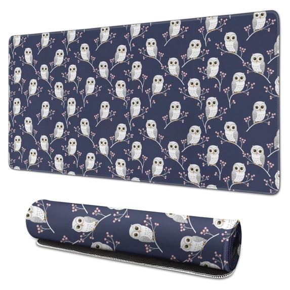 31.5x15.7 Inch Gaming Mouse Pad, Non-Slip Stitched Rubber Desk Mat for Desktop & Laptop,Owl Floral Branch Dark Blue Pattern