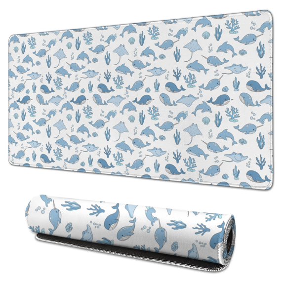 31.5x15.7 Inch Gaming Mouse Pad, Non-Slip Stitched Rubber Desk Mat for Desktop & Laptop,Whale Marine Animal Blue White Pattern