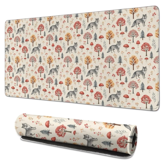 31.5x15.7 Inch Gaming Mouse Pad, Non-Slip Stitched Rubber Desk Mat for Desktop & Laptop,Wolf Autumn Forest Beige Pattern