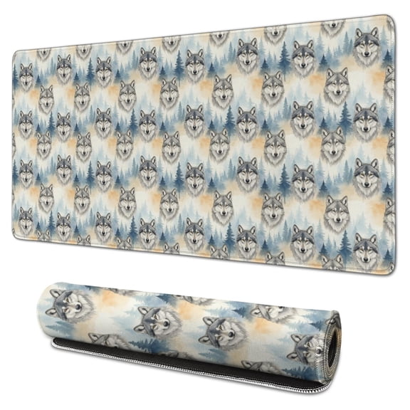 31.5x15.7 Inch Gaming Mouse Pad, Non-Slip Stitched Rubber Desk Mat for Desktop & Laptop,Wolf Portrait Forest Beige Pattern