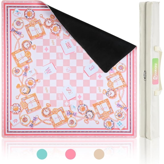 31.5x31.5 Inch Mahjong Mat for Table - Hand-Painted Zen Style Tabletop Game Mat, Noise Reduction Surface, Anti-Slip Rubber Mahjong Table Cover for Poker, Tiles & Board Games (Pink)