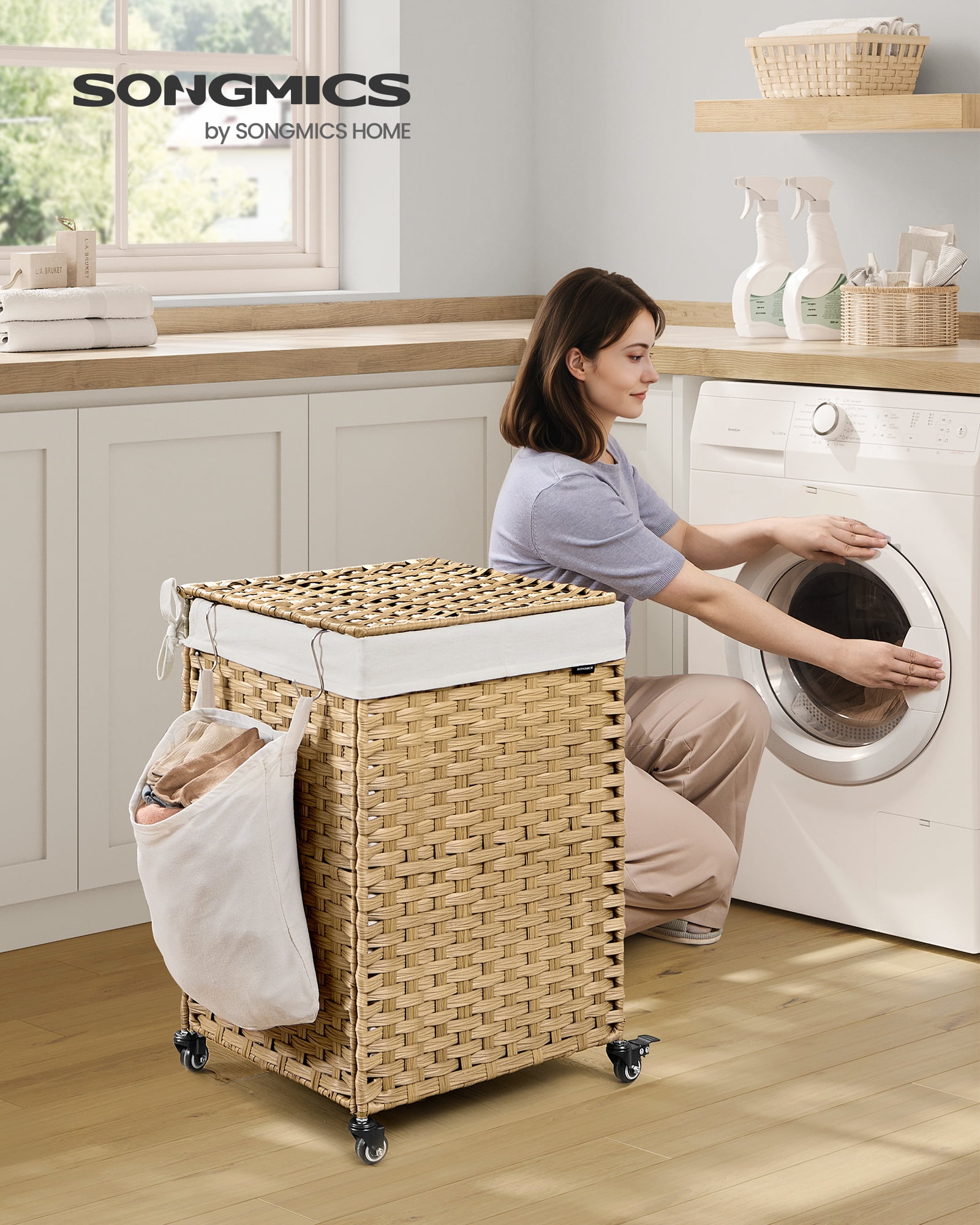 31.7 Gallon Rolling Laundry Hamper with Wheels & Removable Liner, Synthetic Rattan Storage Basket, 18.1x15.7x26 Inches, Natural