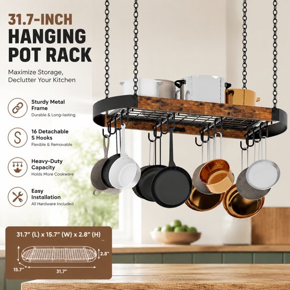 31.7-Inch Hanging Pot Rack with 16 Detachable S Hooks, Sturdy Metal Kitchen Ceiling Pan Hanger, Space-Saving Industrial Style in Rustic Brown and Black