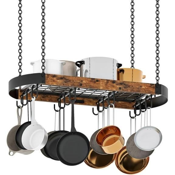 31.7-Inch Hanging Pot Rack, Space-Saving Kitchen Ceiling Pan Hanger with 16 Detachable S Hooks, Sturdy Metal Frame, Industrial Rustic Brown and Black