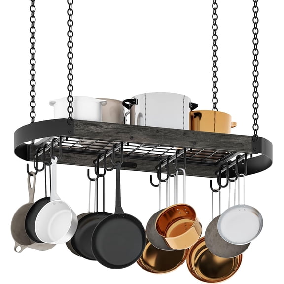 31.7-Inch Hanging Pot Rack for Kitchen, Ceiling Mount Pan Rack with 16 Detachable S Hooks, Sturdy Industrial Metal Frame, Space-Saving Charcoal Black