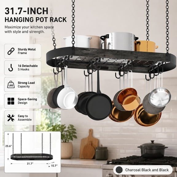 31.7-Inch Hanging Pot Rack with 16 Detachable S Hooks, Space-Saving Ceiling Mount Pan Hanger, Sturdy Industrial Style Metal Frame, Charcoal Black