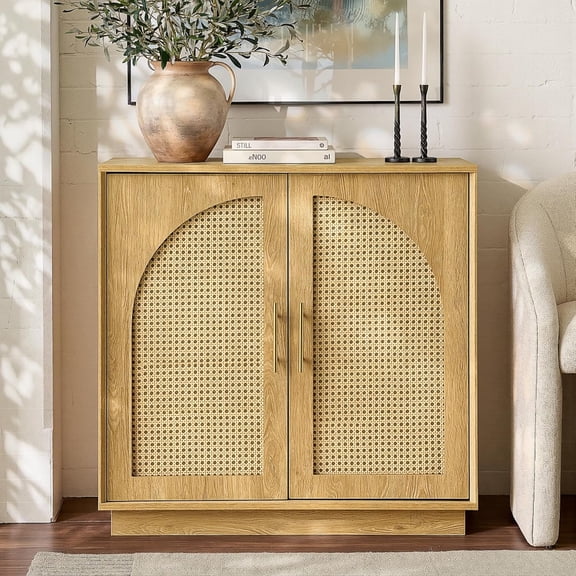 31.5" Sideboard Buffet Cabinet with Storage, Light Oak | Accent Cabinet with Arched Doors, Boho Modular Media Console, Credenza for Living Room Kitchen Dining Room Entryway
