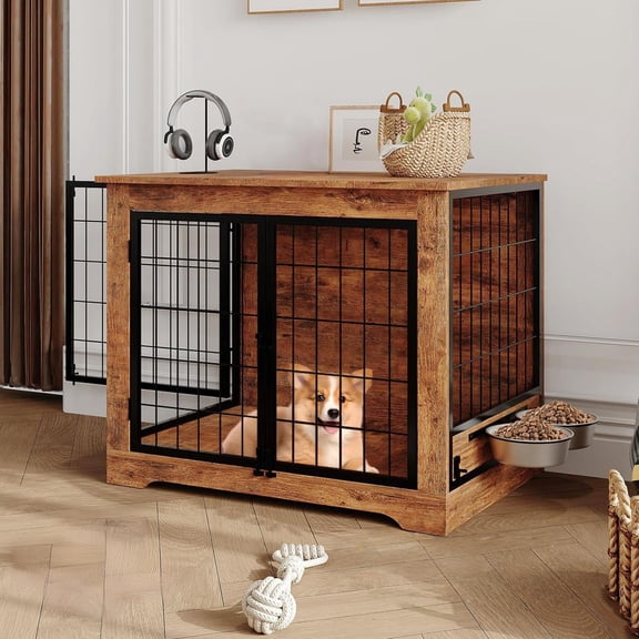 31.7" Wooden Large Dog Crate Furniture, Chew-Resistant Dog Kennel Furniture Indoor with 2 Rotating Bowls, as TV Stand, Crate Table, End Table