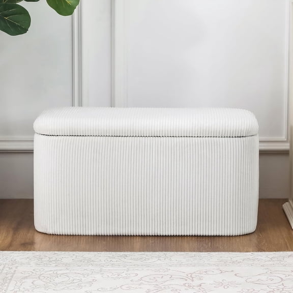 31.8" End of The Bed  with Storage, Boucle Storage Ottoman  for Bedroom, Large Oval Ottomans Entryway, Modern Foot Rest Footstool, Living Room Soft Oval Coffee Table, White