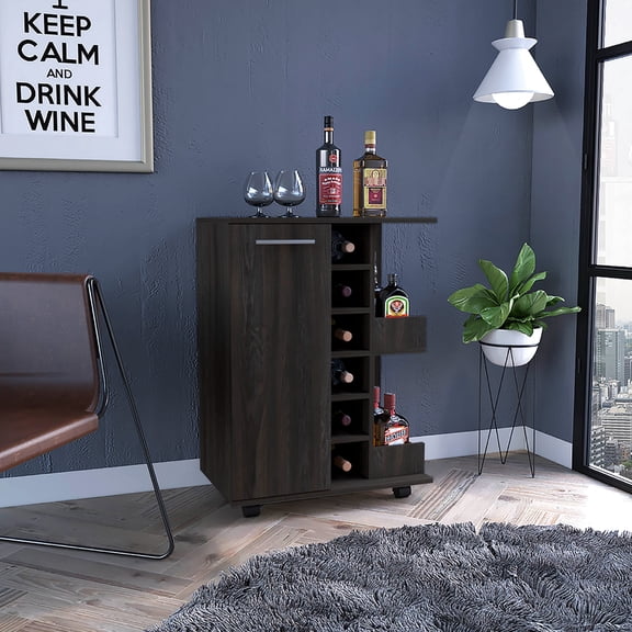 31.81 In. High Carbon Coffee Cart, Rich Cabinet Storage, 4-wheeled, 1 , Folding Door, 6 Bottle And 2 Side Shelves With Aluminum Front 32" H Storage Provided, 4 Wheels, Crate, Hollows