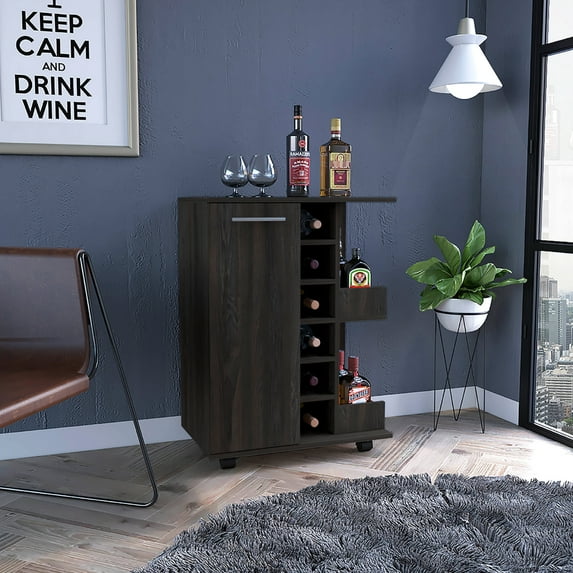 31.81 In. High Carbon Coffee Cart, Rich Cabinet Storage, 4-wheeled, 1 , Folding Door, 6 Bottle And 2 Side Shelves With Aluminum Front 32" H Storage Provided, 4 Wheels, Crate, Hollows