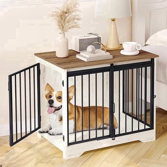 Hzuaneri Dog Crate Furniture with Barn Door, 31.9" Heavy Duty Wooden Kennel for Small Medium Dogs, Farmhouse Style, White Brown