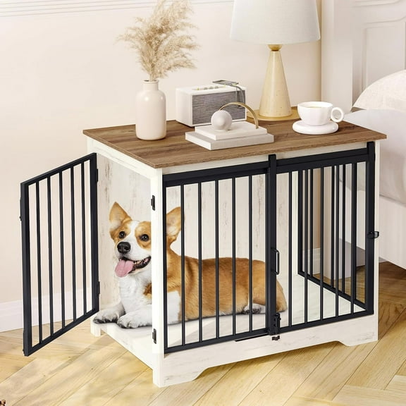 31.9"Dog Crate Furniture with Barn Door,Wooden Pet Cage End Table for Small Medium Dogs up to 44 lb