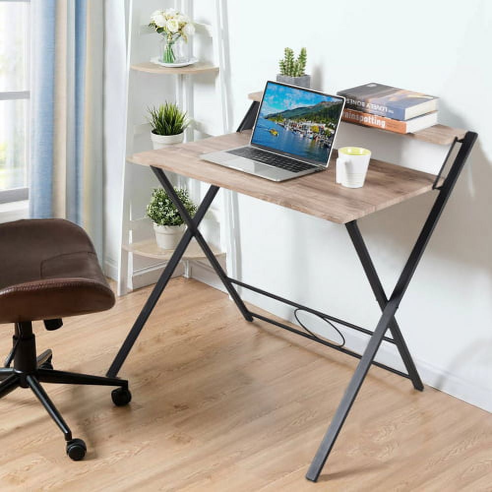 Need Folding Desk Small Desk 31 1/2 No Assembly Foldable Computer Desk for  Small Space/Home Office/Dormitory,Teak&Black Frame