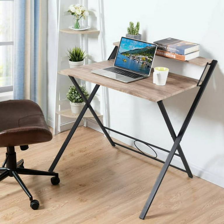 31.9 Folding Desk 2 Tier Foldable Desk No Assembly Computer Desk Saves Space for Home Office Study Metal Frames Wood Top Laptop Table Oak