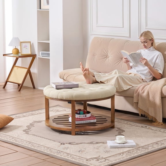 31.9 Inch Round Storage Ottoman Coffee Table, Tufted Linen Upholstered Solid Wood Footrest Ottoman with Shelf, Multi-Purpose Cocktail Table for Living Room, Holds 350 lbs