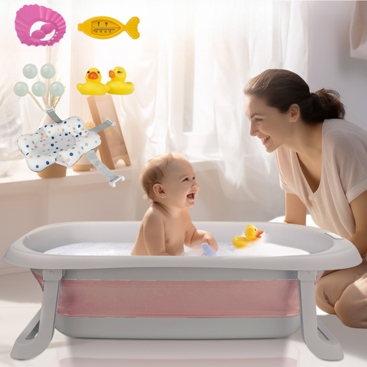 31" Baby Bathtub, Foldable Infant Bath Tubs with Anti Slip Soft Cushion