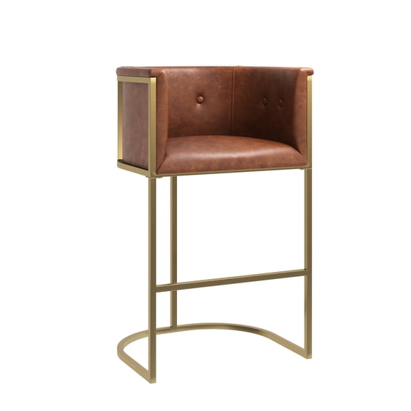 31" Bar Stool Tobacco Brown Faux Leather with Brass-Finish Metal Base, 1PC